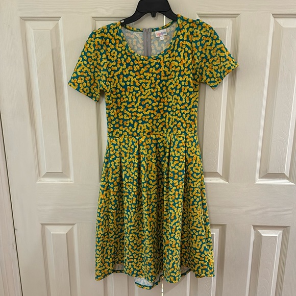 Yellow and green LuLaRoe fit and flare dress with pockets. Size small. - Picture 1 of 3